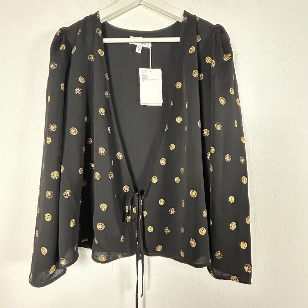 & Other Stories Womens Black Gold Tie Wrap Blouse Top Size 8 Long Sleeve New